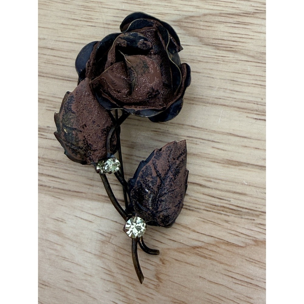 Vintage Black Metal Rose Brooch Pin Rhinestone Floral Dimensional Retro 2.5"